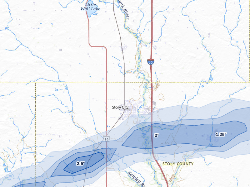 NEXRAD radar-signature map of the hail storm over Story City, IA on Jun 28, 2026