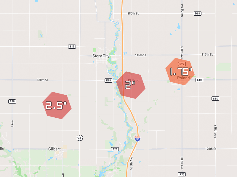 Hail map of Story City, IA on Jun 28, 2026, hail up to 2.5"