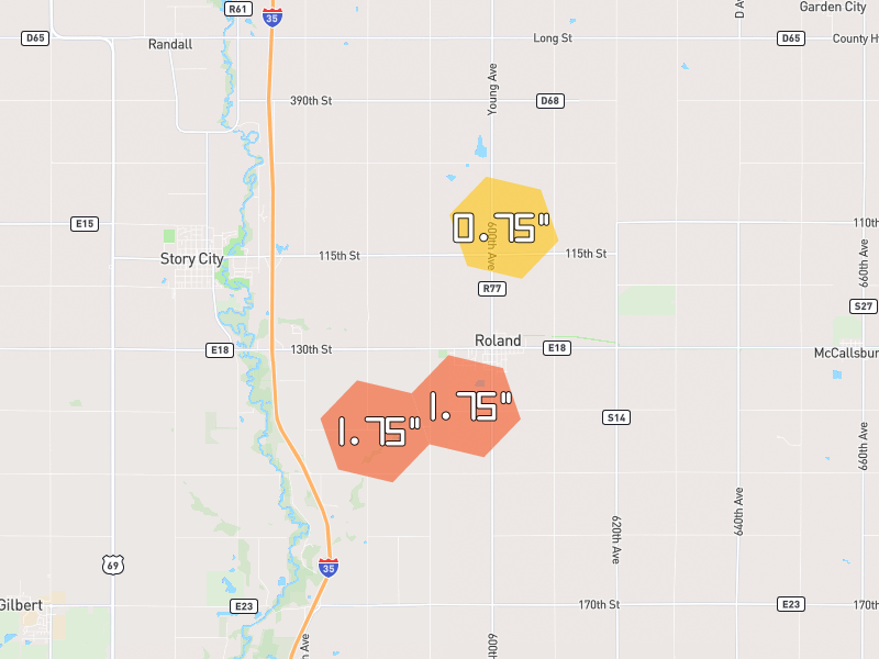 Hail map of Story City, IA on Jul 2, 2026, hail up to 1.75"