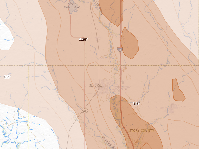 Radar-estimated hail-size map of the storm over Story City, IA on Jul 20, 2026