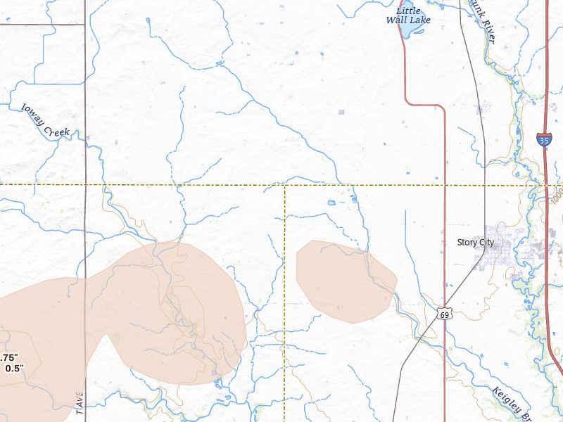 Radar-estimated hail-size map of the storm over Story City, IA on Aug 4, 2026