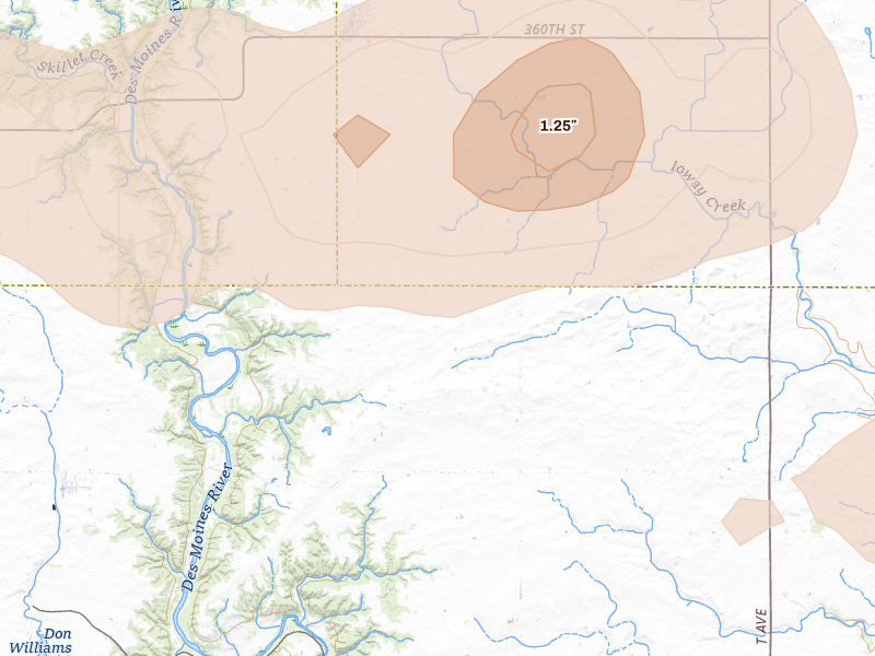 Radar-estimated hail-size map of the storm over Stratford, IA on Jun 10, 2026
