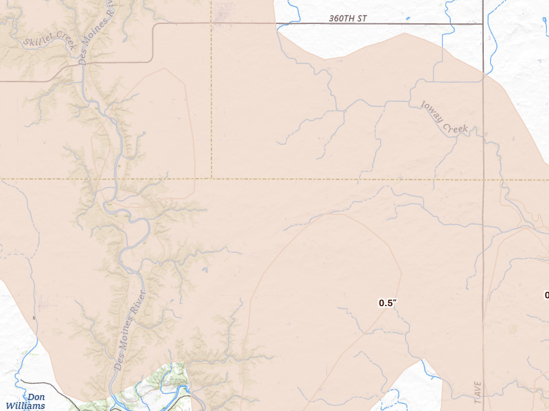 Radar-estimated hail-size map of the storm over Stratford, IA on Jun 16, 2026