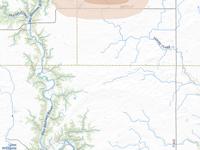 Radar-estimated hail-size map of the storm over Stratford, IA on Jul 3, 2026