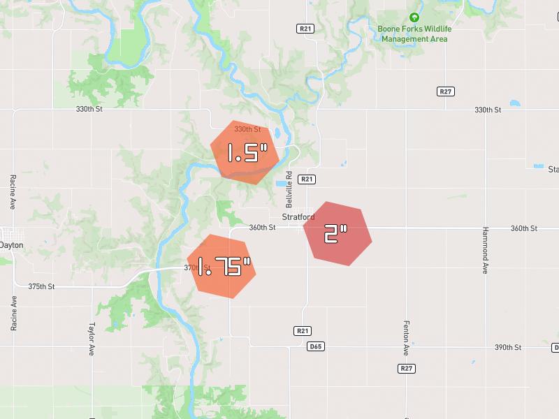 Hail map of Stratford, IA on Jul 4, 2026, hail up to 2"
