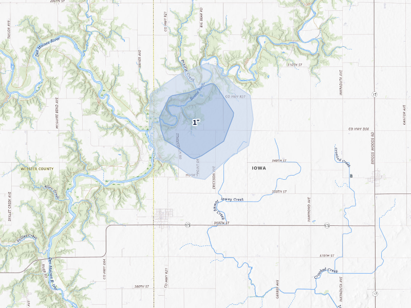 NEXRAD radar-signature map of the hail storm over Stratford, IA on Aug 4, 2026