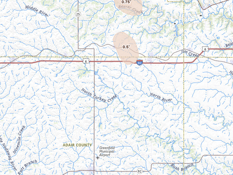 Radar-estimated hail-size map of the storm over Stuart, IA on Jun 1, 2026