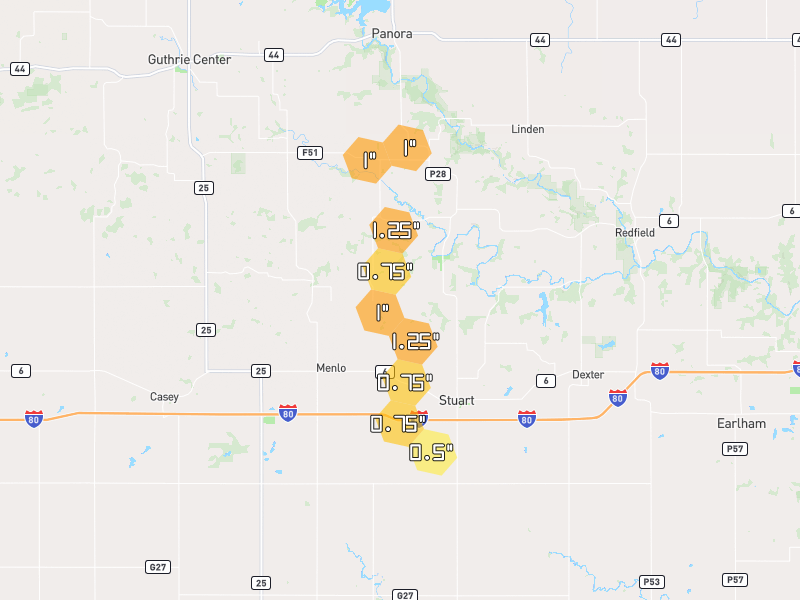 Hail map of Stuart, IA on Jun 1, 2026, hail up to 1.25"