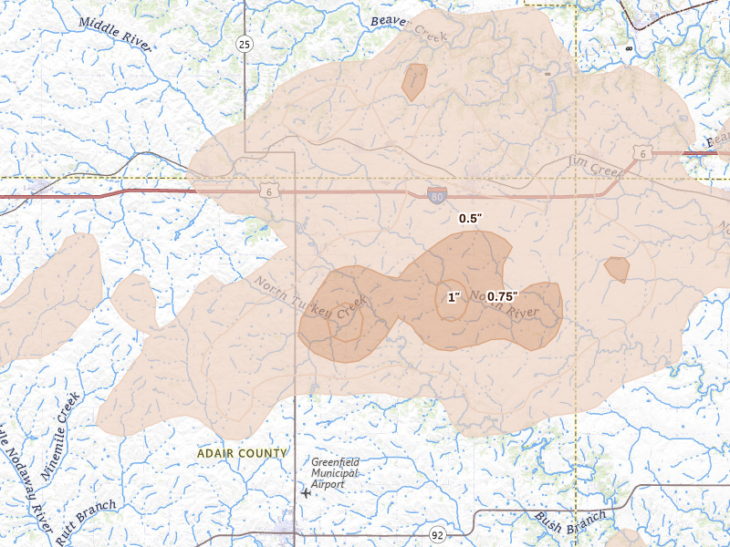 Radar-estimated hail-size map of the storm over Stuart, IA on Jun 10, 2026