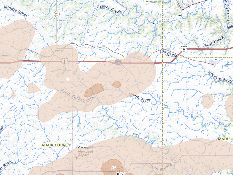 Radar-estimated hail-size map of the storm over Stuart, IA on Aug 13, 2026
