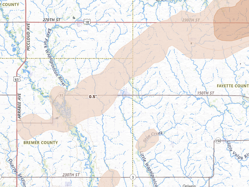 Radar-estimated hail-size map of the storm over Sumner, IA on Apr 17, 2026