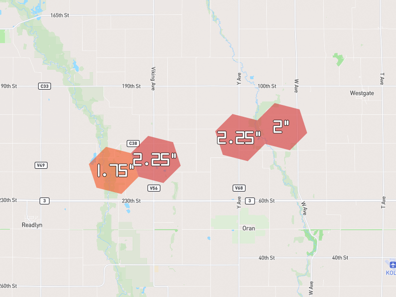 Hail map of Sumner, IA on Jul 2, 2026, hail up to 2.25"