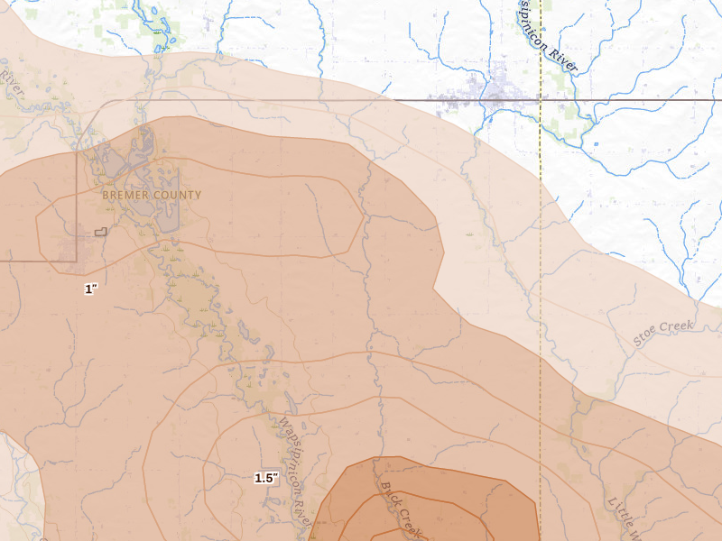 Radar-estimated hail-size map of the storm over Sumner, IA on Aug 7, 2026