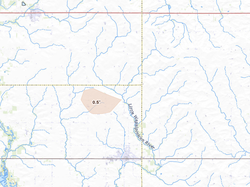 Radar-estimated hail-size map of the storm over Sumner, IA on Aug 10, 2026