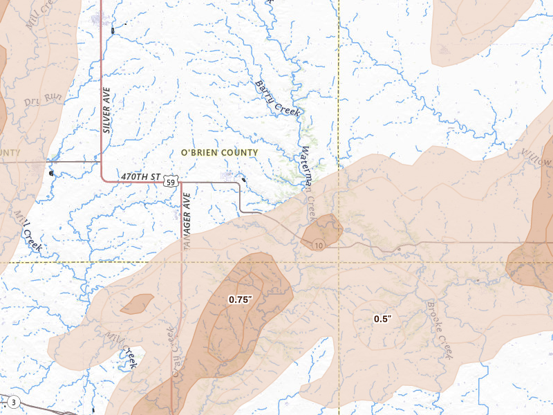 Radar-estimated hail-size map of the storm over Sutherland, IA on Apr 13, 2026