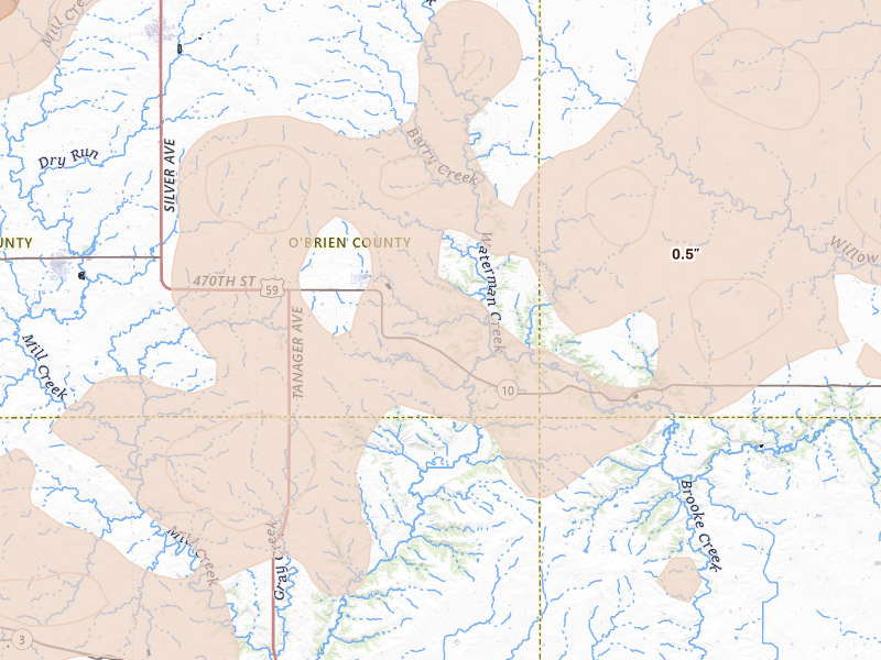 Radar-estimated hail-size map of the storm over Sutherland, IA on May 17, 2026