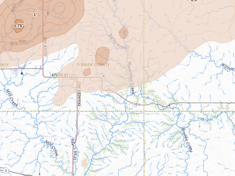 Radar-estimated hail-size map of the storm over Sutherland, IA on Jun 27, 2026