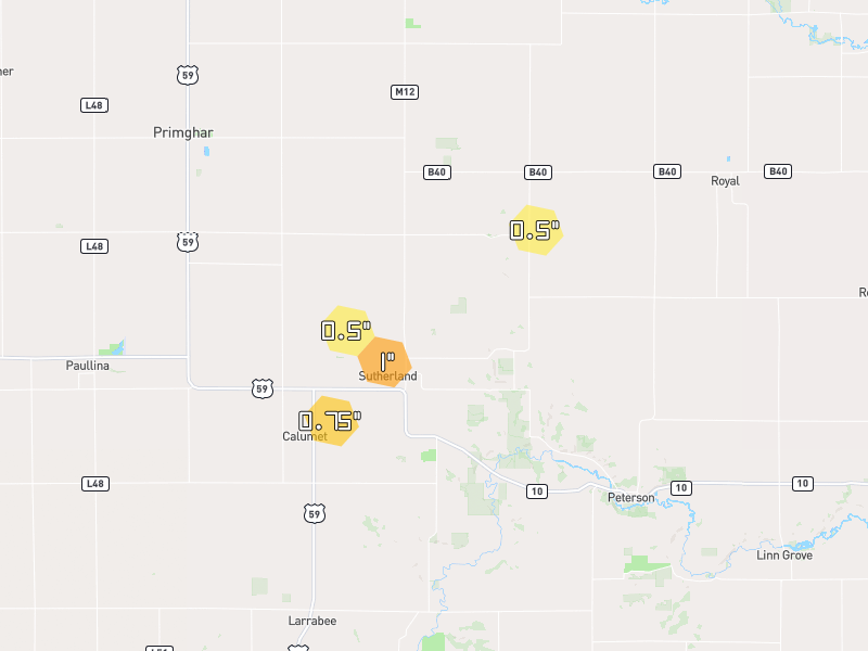 Hail map of Sutherland, IA on Jul 3, 2026, hail up to 1"