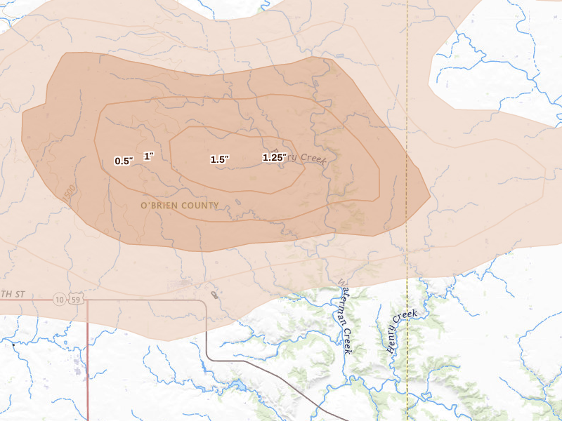 Radar-estimated hail-size map of the storm over Sutherland, IA on Aug 8, 2026