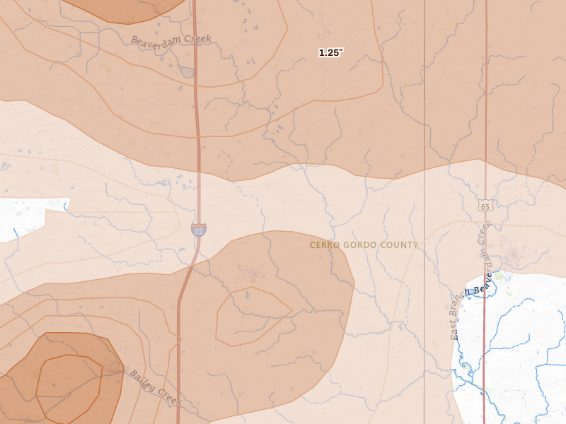 Radar-estimated hail-size map of the storm over Swaledale, IA on May 15, 2026