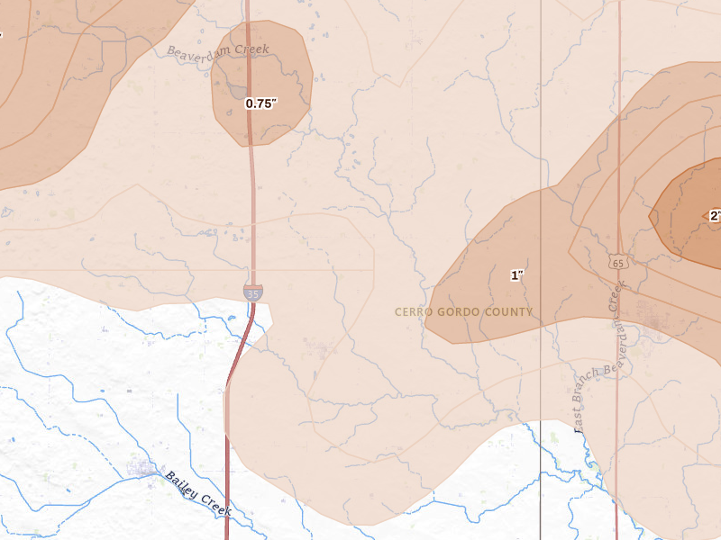 Radar-estimated hail-size map of the storm over Swaledale, IA on Jul 2, 2026
