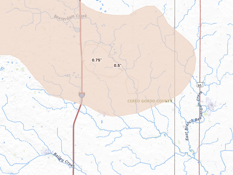Radar-estimated hail-size map of the storm over Swaledale, IA on Jul 8, 2026