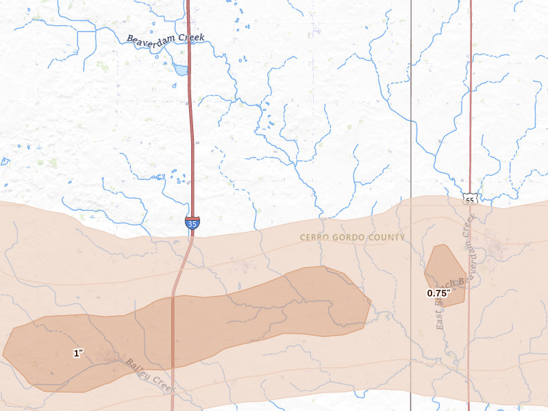 Radar-estimated hail-size map of the storm over Swaledale, IA on Aug 7, 2026