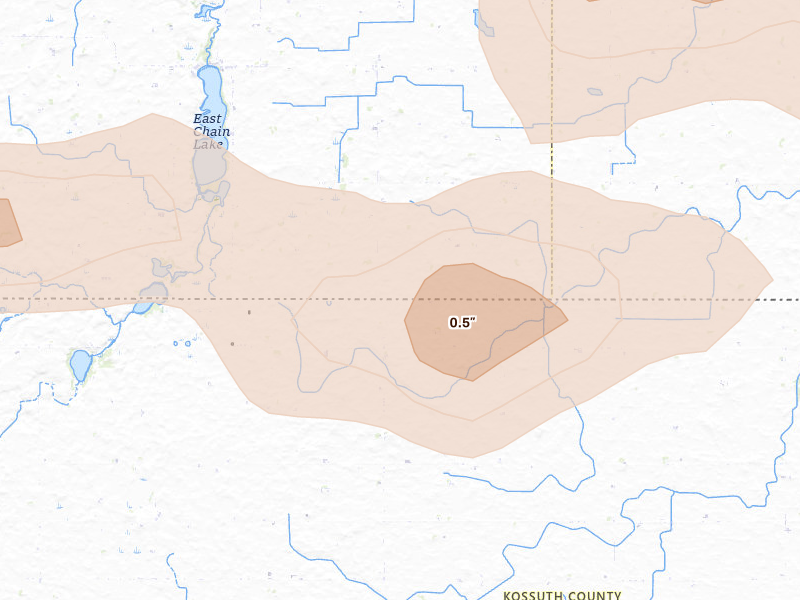 Radar-estimated hail-size map of the storm over Swea City, IA on Aug 7, 2026
