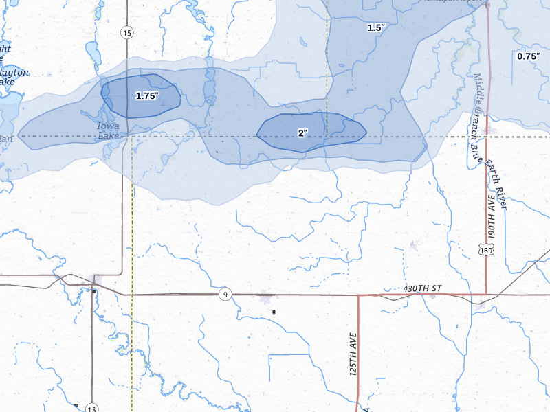 NEXRAD radar-signature map of the hail storm over Swea City, IA on Aug 7, 2026