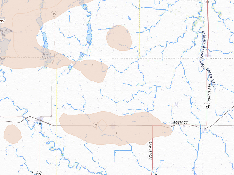 Radar-estimated hail-size map of the storm over Swea City, IA on Aug 8, 2026