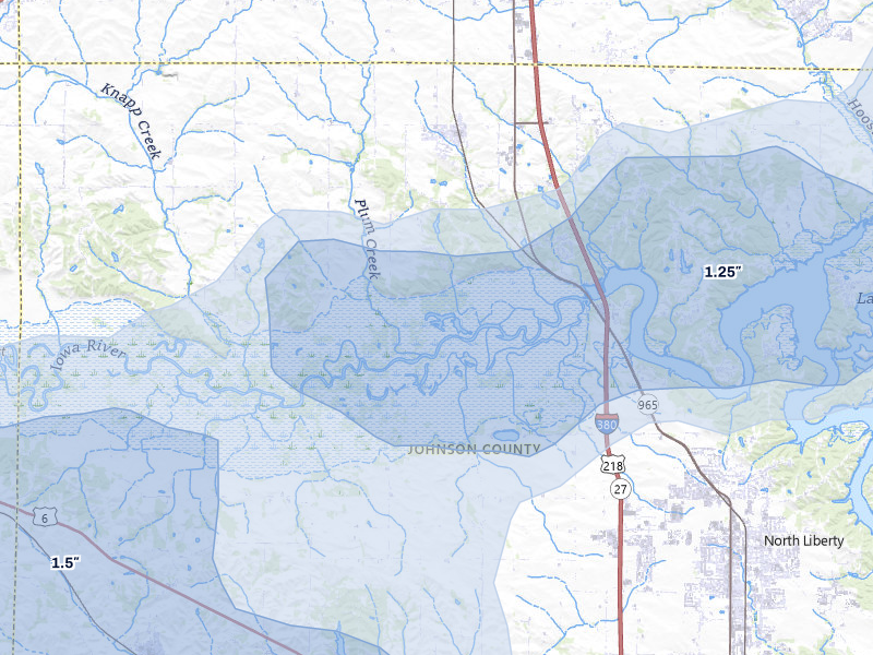 NEXRAD radar-signature map of the hail storm over Swisher, IA on Jul 3, 2026