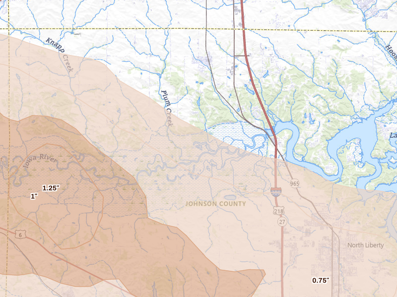 Radar-estimated hail-size map of the storm over Swisher, IA on Aug 11, 2026
