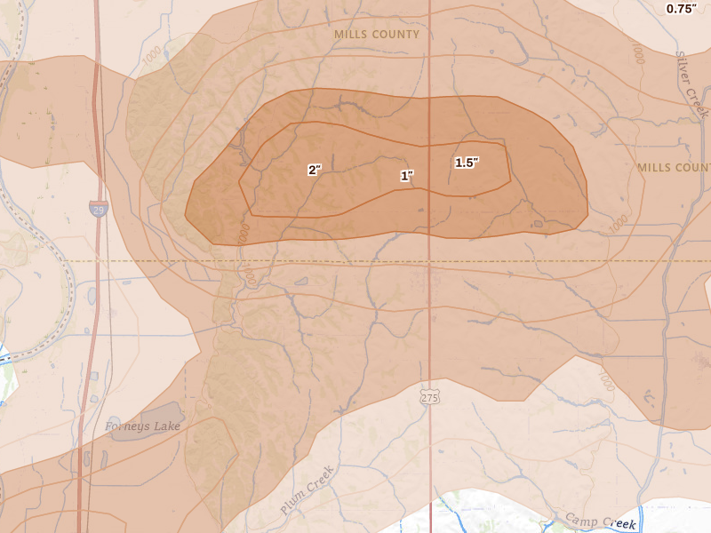 Radar-estimated hail-size map of the storm over Tabor, IA on May 15, 2026