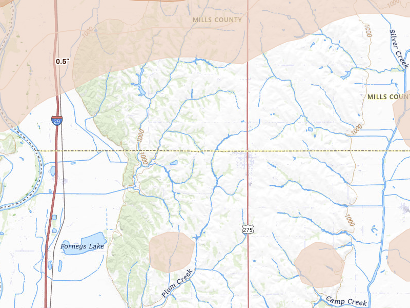 Radar-estimated hail-size map of the storm over Tabor, IA on Jun 5, 2026