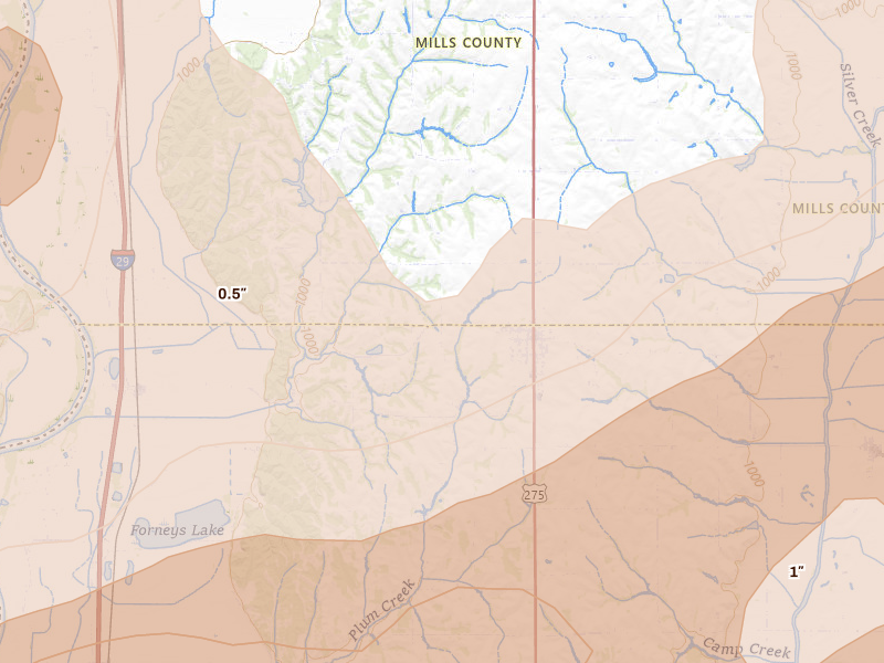 Radar-estimated hail-size map of the storm over Tabor, IA on Jun 10, 2026
