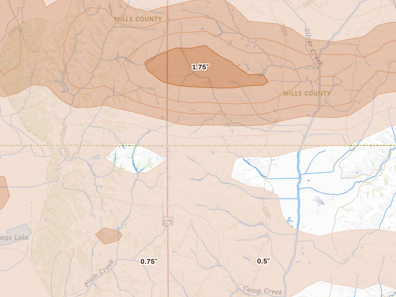 Radar-estimated hail-size map of the storm over Tabor, IA on Aug 4, 2026
