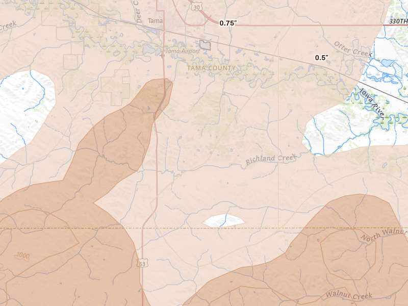 Radar-estimated hail-size map of the storm over Tama, IA on Apr 17, 2026