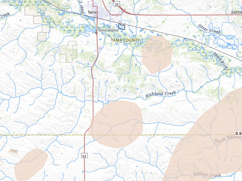 Radar-estimated hail-size map of the storm over Tama, IA on Jun 16, 2026