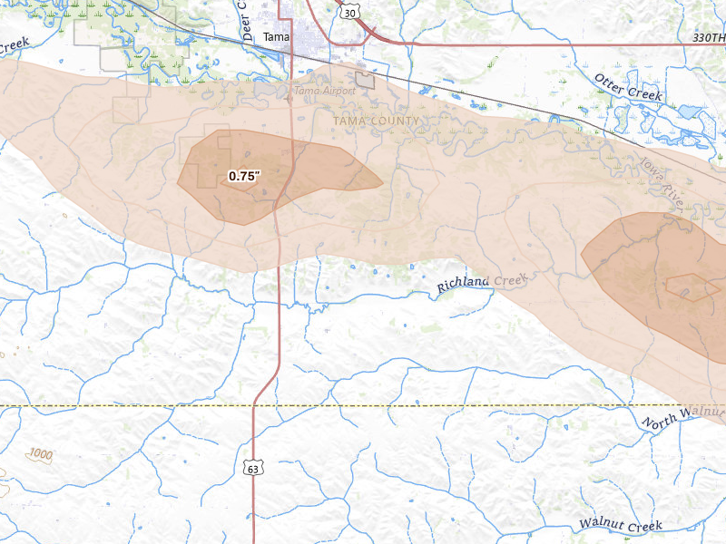 Radar-estimated hail-size map of the storm over Tama, IA on Aug 11, 2026