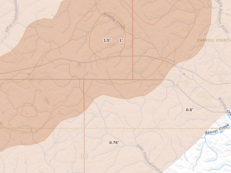 Radar-estimated hail-size map of the storm over Templeton, IA on Apr 23, 2026