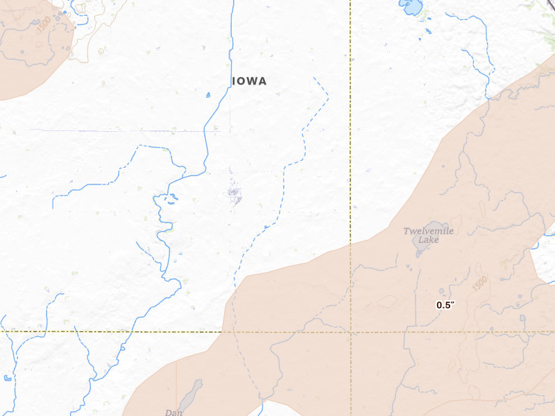 Radar-estimated hail-size map of the storm over Terril, IA on Apr 13, 2026