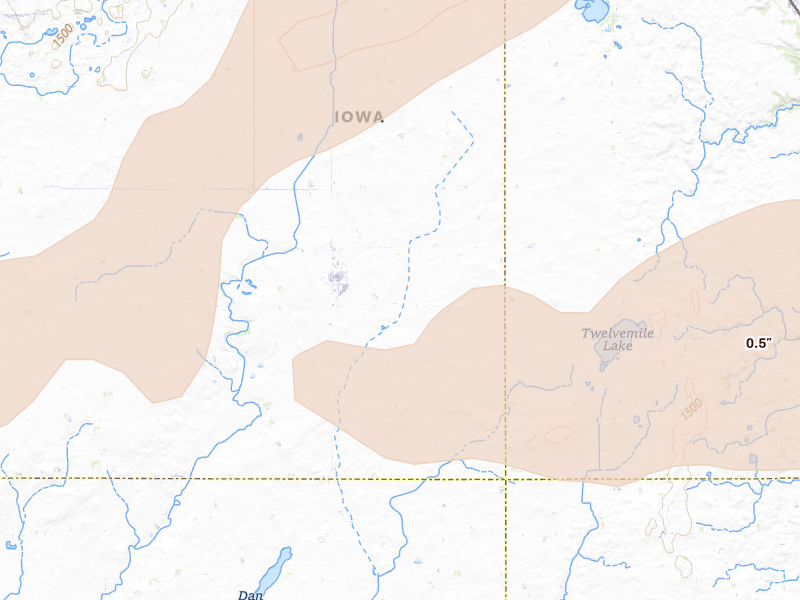 Radar-estimated hail-size map of the storm over Terril, IA on May 15, 2026