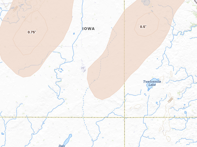 Radar-estimated hail-size map of the storm over Terril, IA on Jun 30, 2026