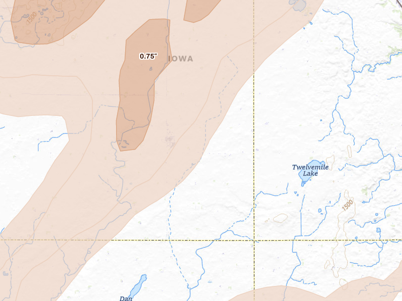 Radar-estimated hail-size map of the storm over Terril, IA on Jul 1, 2026