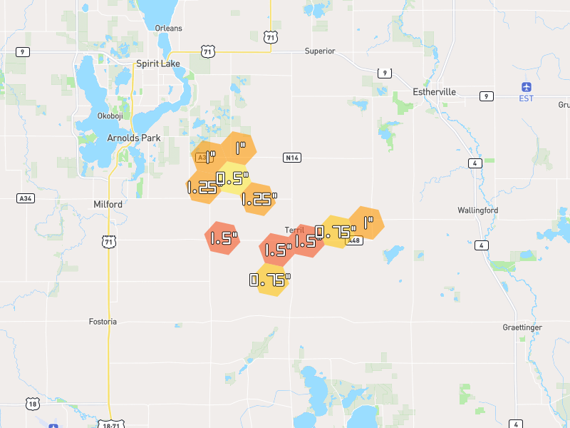Hail map of Terril, IA on Jul 1, 2026, hail up to 1.5"