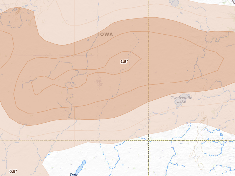 Radar-estimated hail-size map of the storm over Terril, IA on Aug 8, 2026