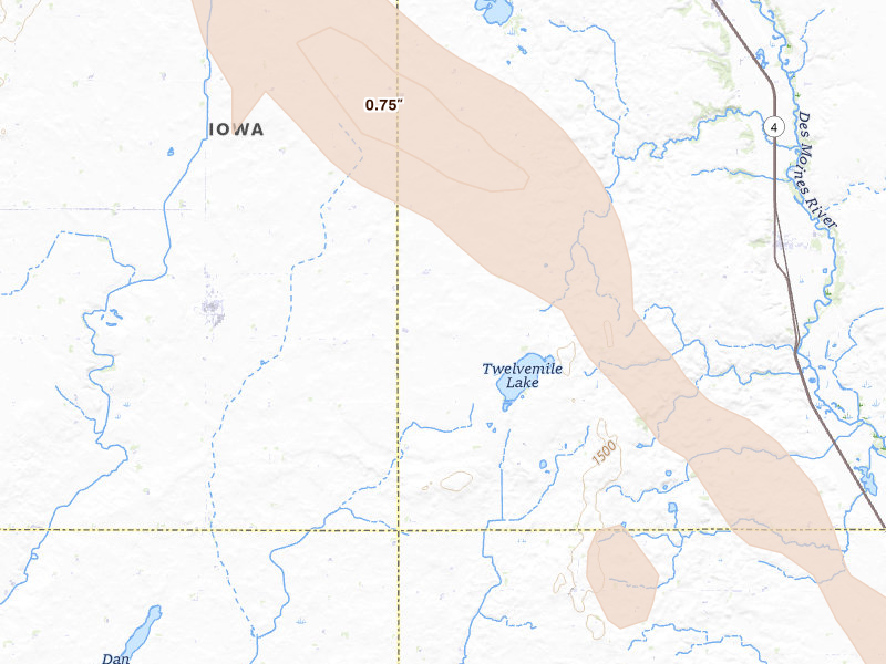 Radar-estimated hail-size map of the storm over Terril, IA on Aug 18, 2026
