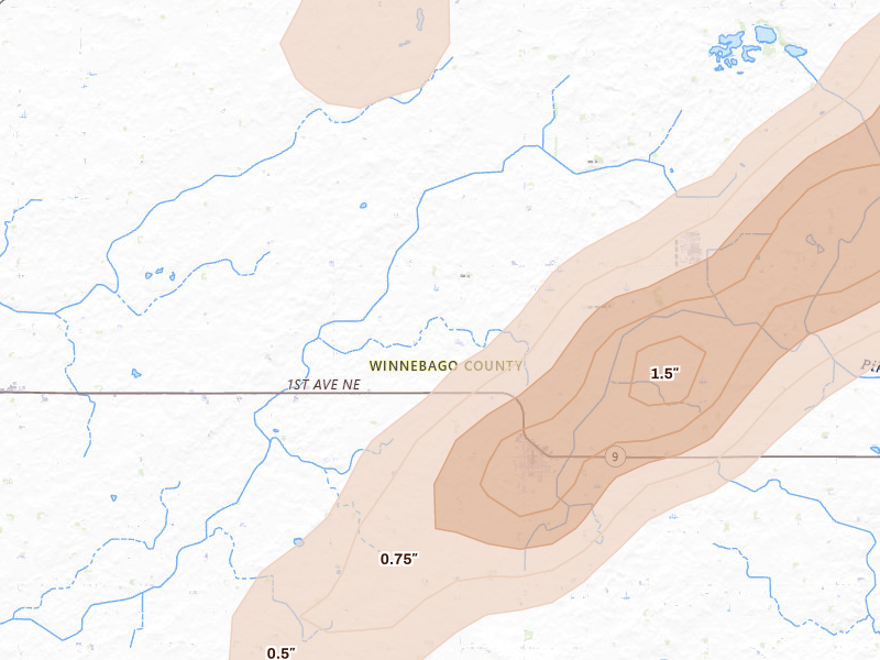 Radar-estimated hail-size map of the storm over Thompson, IA on Apr 11, 2026