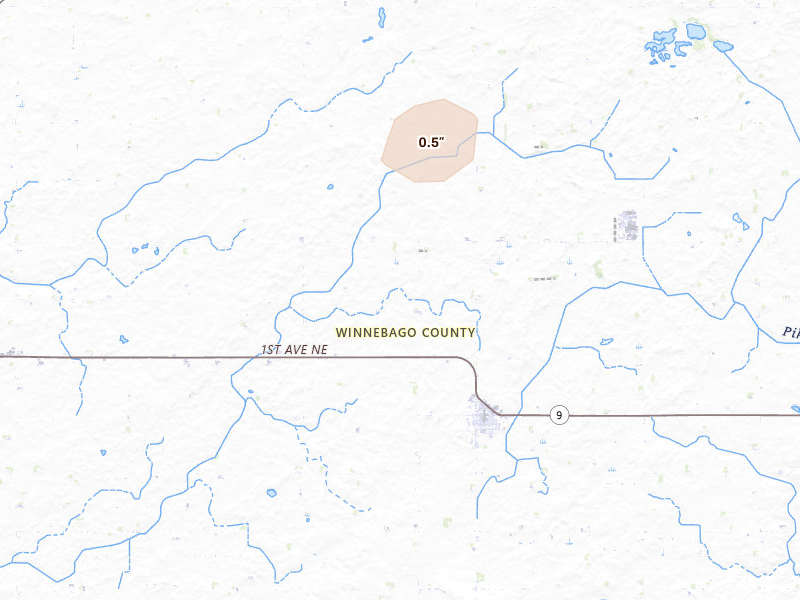 Radar-estimated hail-size map of the storm over Thompson, IA on May 17, 2026