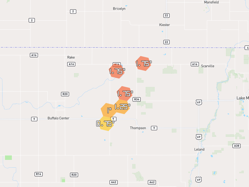 Hail map of Thompson, IA on Jul 1, 2026, hail up to 1.75"